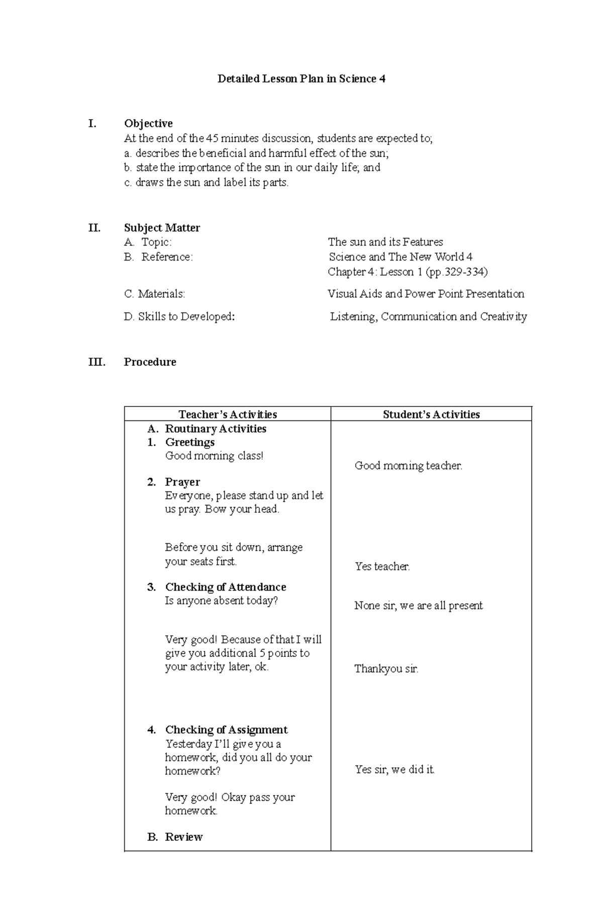 Detailed Lesson Plan for Science 4: The Sun's Effects and Importance ...