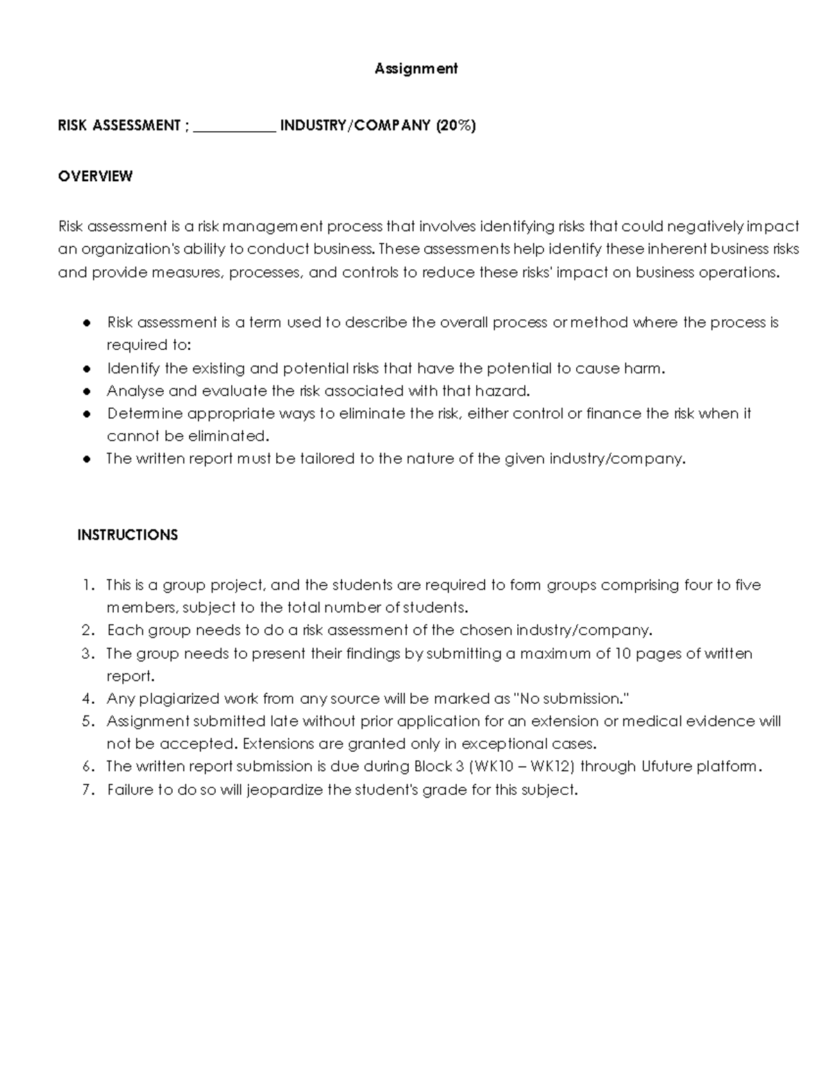 Assignment RISK ASSESSMENT OVERVIEW - Group Project Guidelines - Studocu