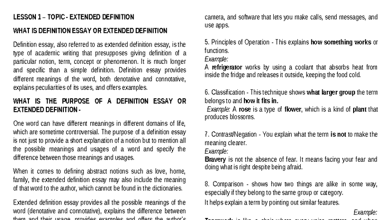 Lesson 1: Extended Definition Essay Techniques and Purpose - Studocu