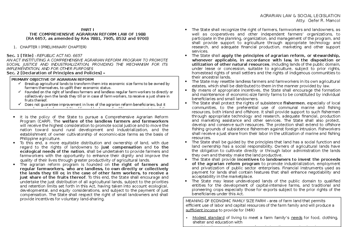 AGRA 6657 Reviewer: Comprehensive Agrarian Reform Law Overview - Studocu