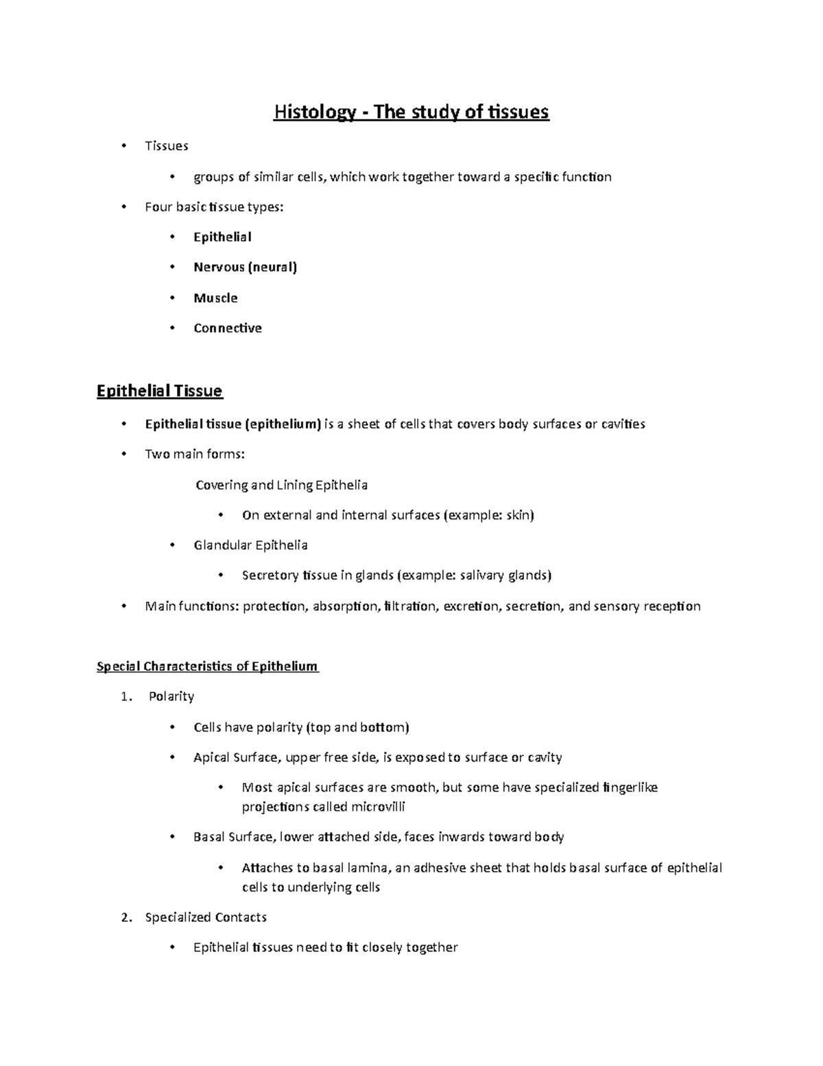 Histology - Lecture Notes on Tissue Types and Functions - Studocu