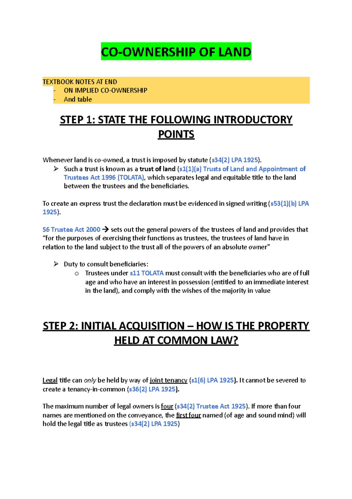 CO Ownership OF LAND - Structure notes - CO-OWNERSHIP OF LAND TEXTBOOK ...
