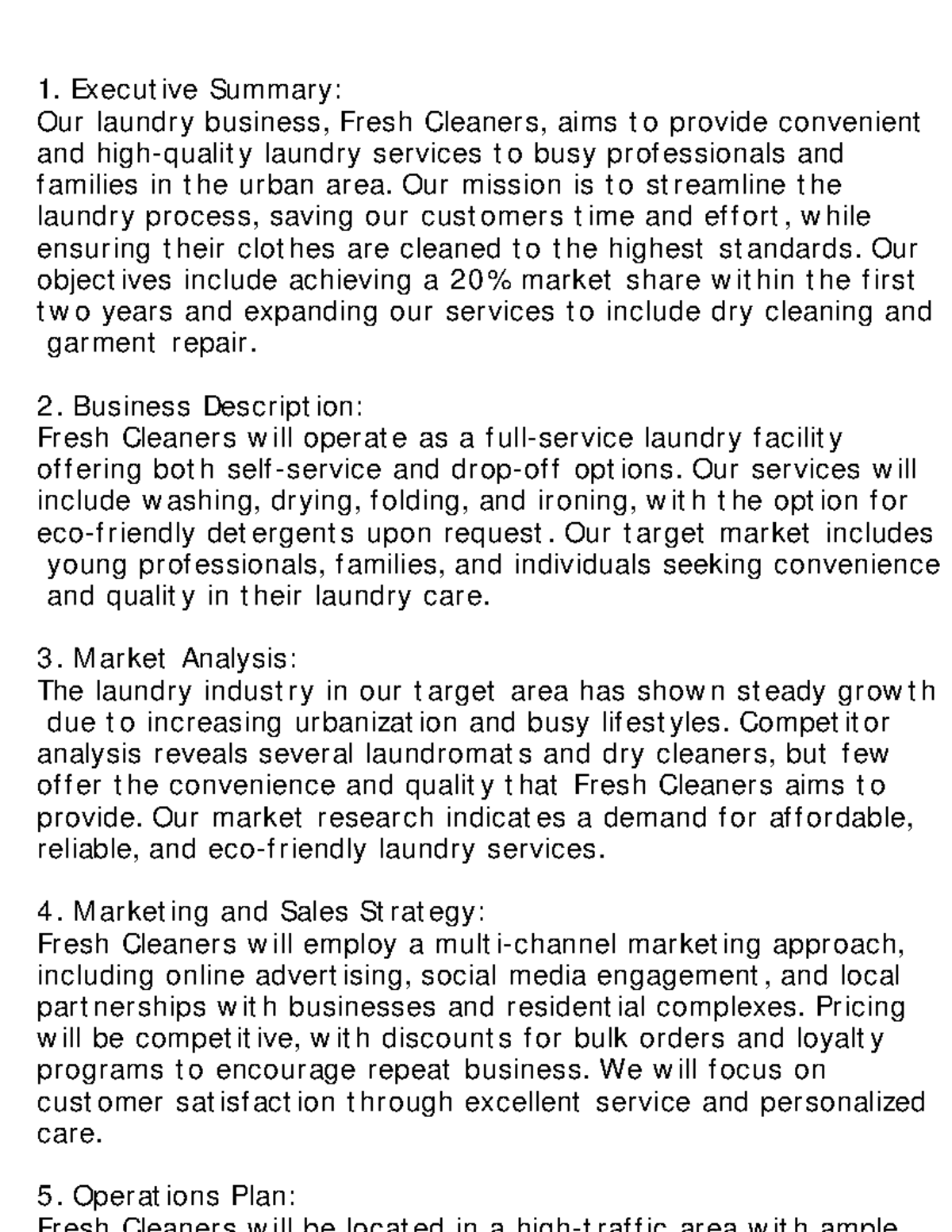 BUS 101: Business Plan for Fresh Cleaners Laundry Services - Studocu