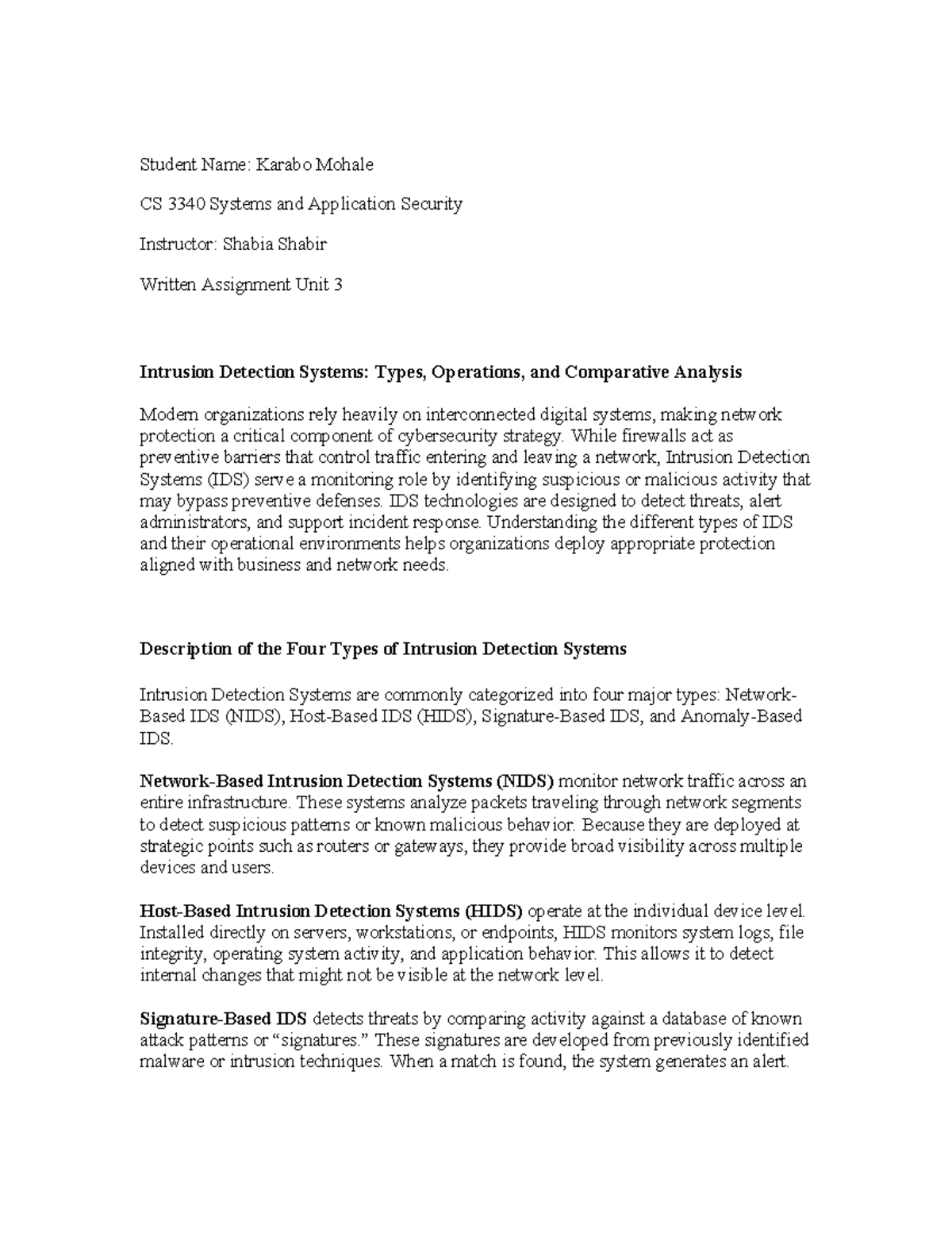CS 3340 Written Assignment: Intrusion Detection Systems Overview - Studocu