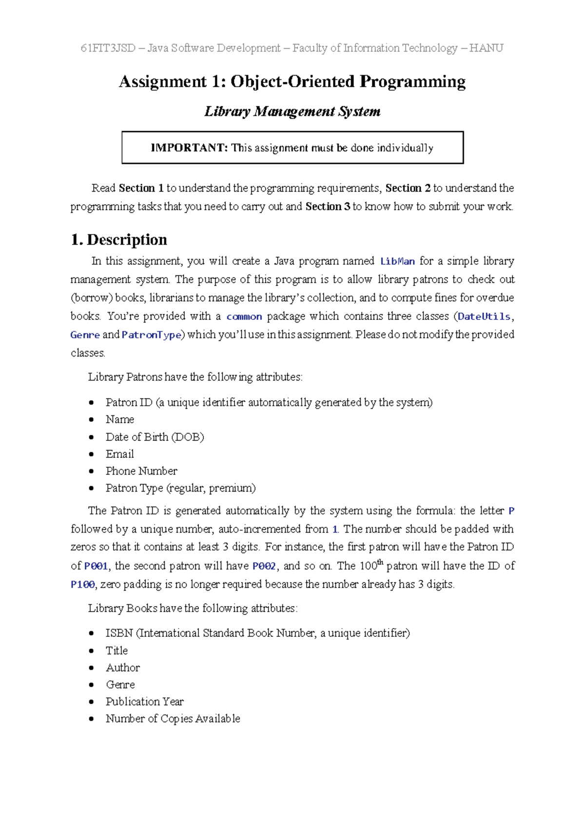 Assignment 1 - OOP with Java: Library Management System Guidelines ...