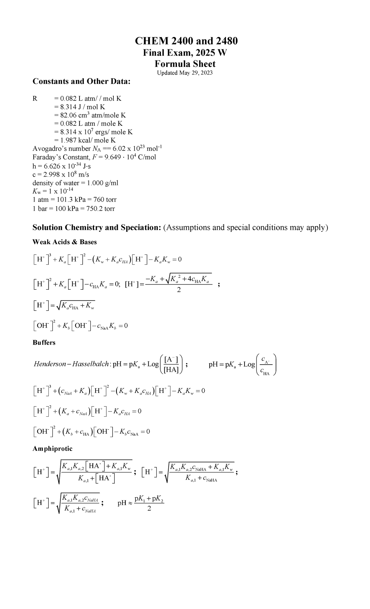 Exam Formula Sheet - CHEM 2400 and 2480 Final Exam, 2025 W Formula ...
