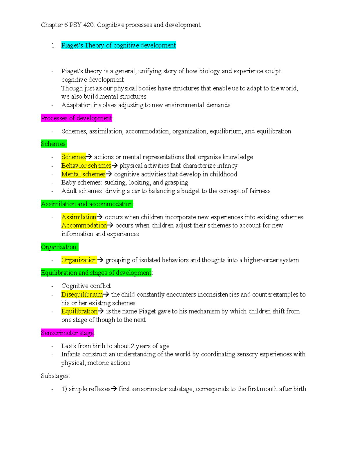 Chapter 6 PSY 420 lecture notes - Piaget’s Theory of cognitive ...