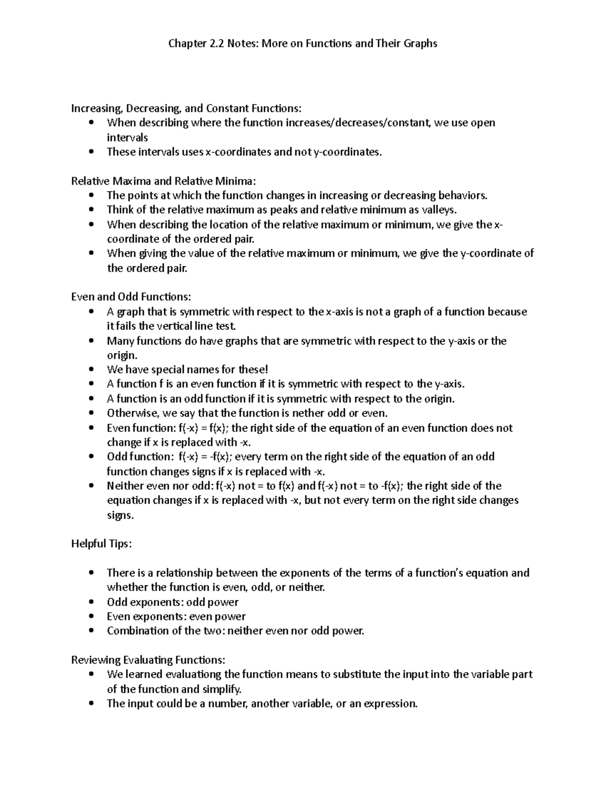 Chapter 2.2 Notes: Functions, Graphs, and Key Characteristics - Studocu