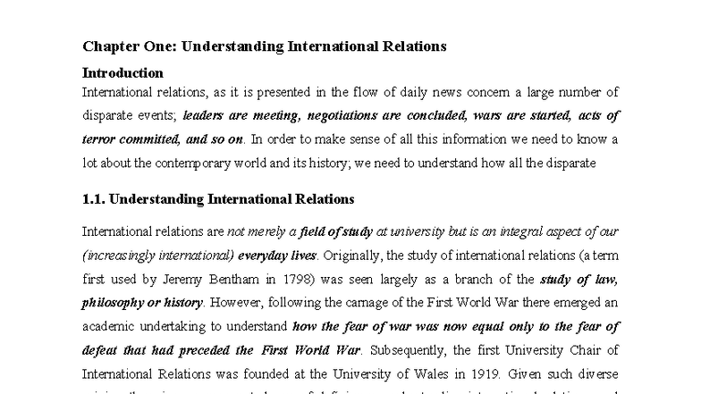 Chapter 1: Understanding International Relations (Course Code: IR101 ...