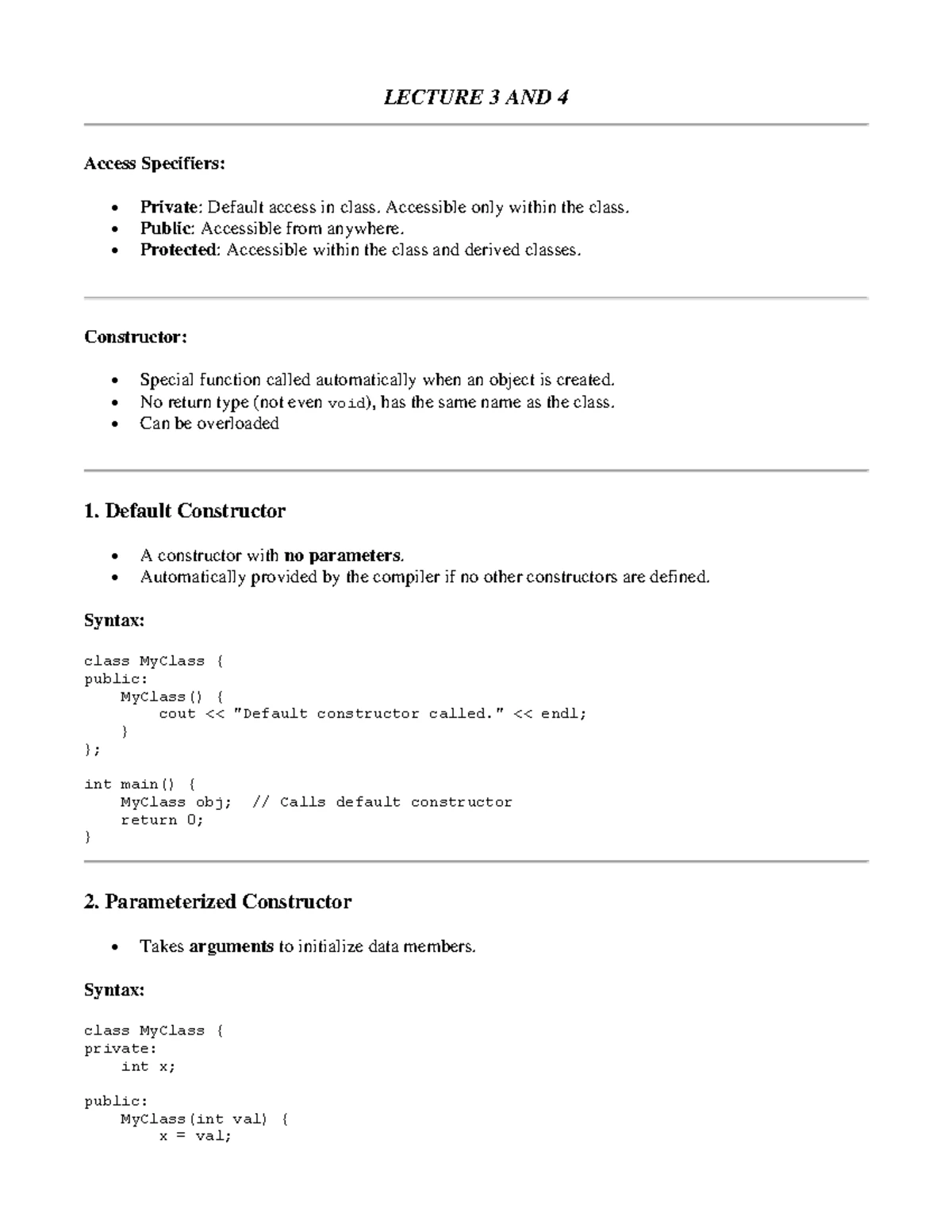 LECTURE 3 & 4: Access Specifiers & Constructors in C++ - Studocu