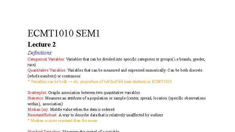 ECMT1010 SEM1 Week 2 Lecture Notes on Variables and Statistics - Studocu