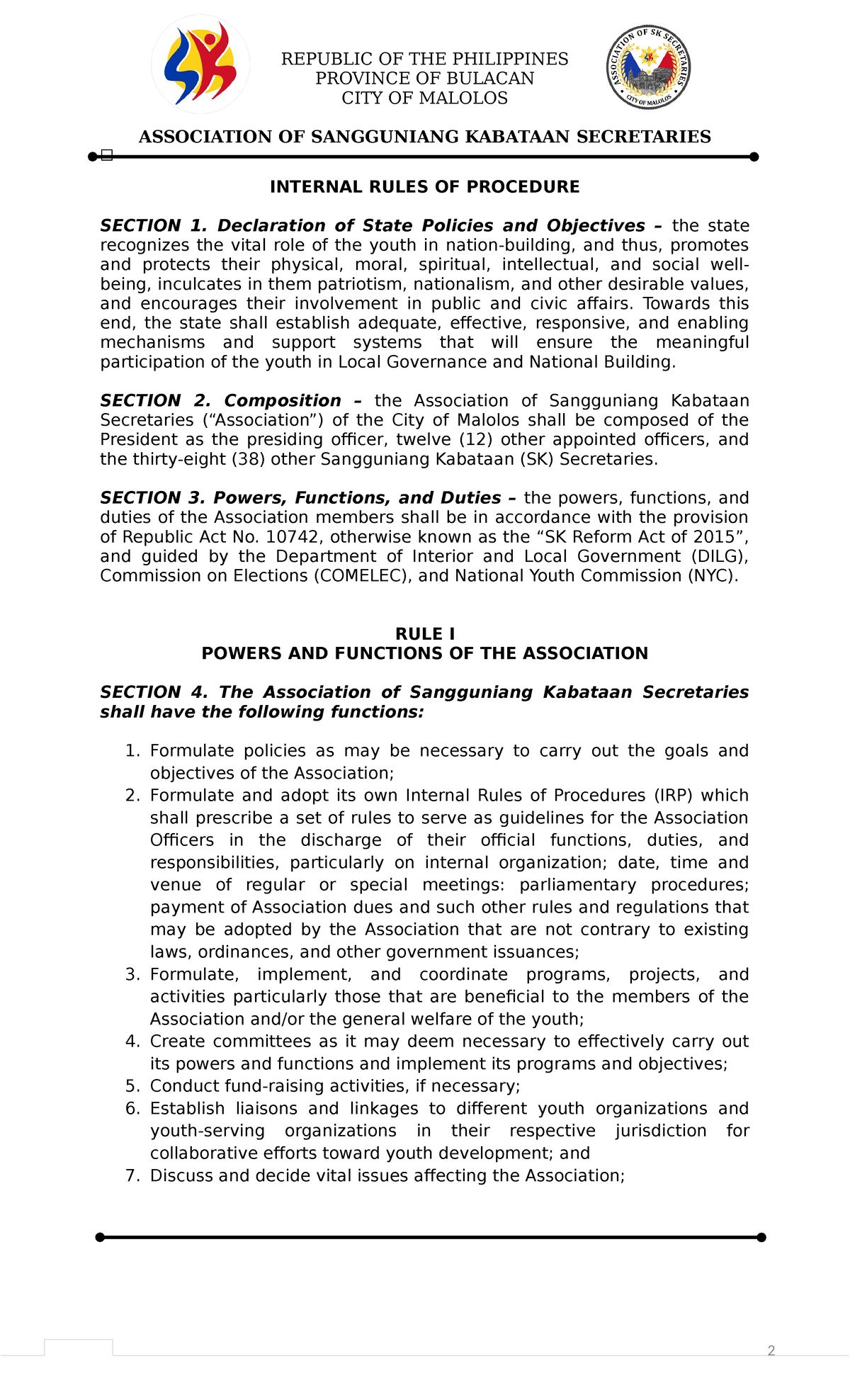 Internal Rules of Procedures for the Sangguniang Kabataan Secretaries ...