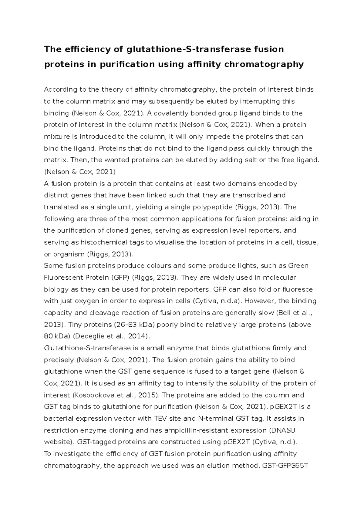 Final Practical Report on Purification Efficiency of GST-Fusion Proteins