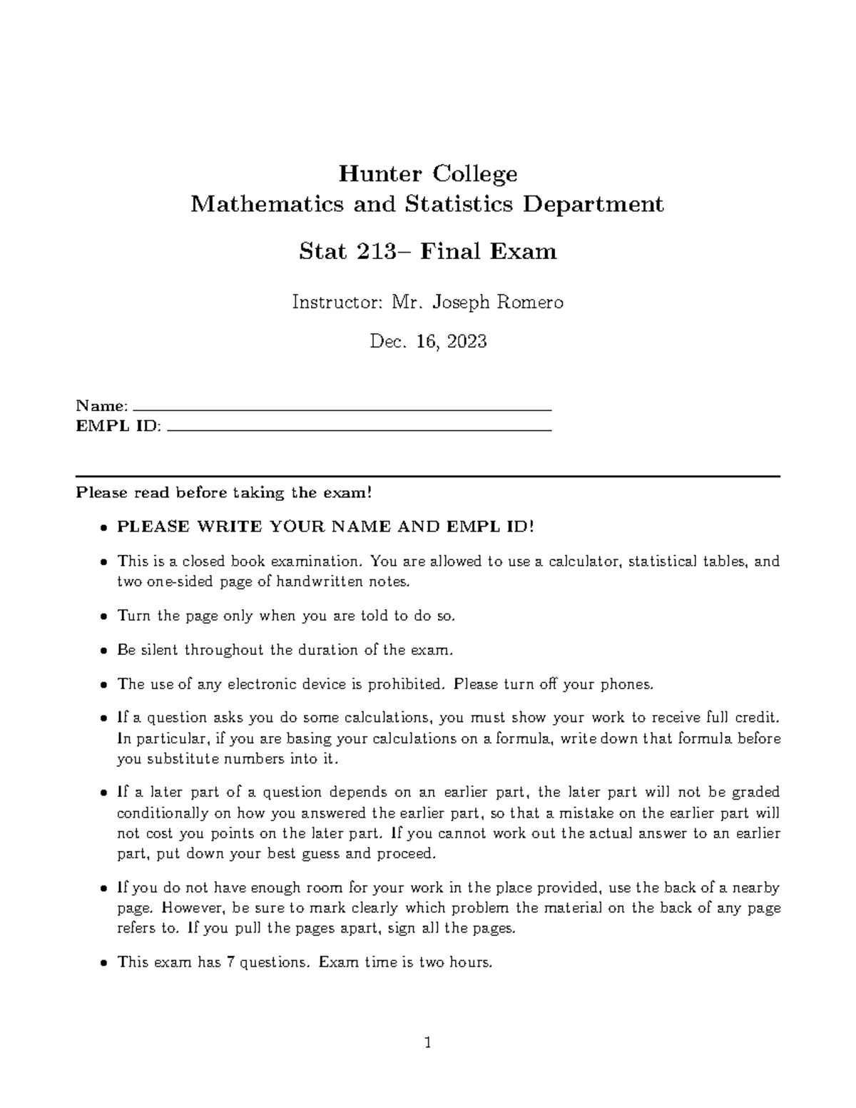 STAT 213 Final Exam - Mathematics & Statistics Dept. - Dec. 16, 2023 ...