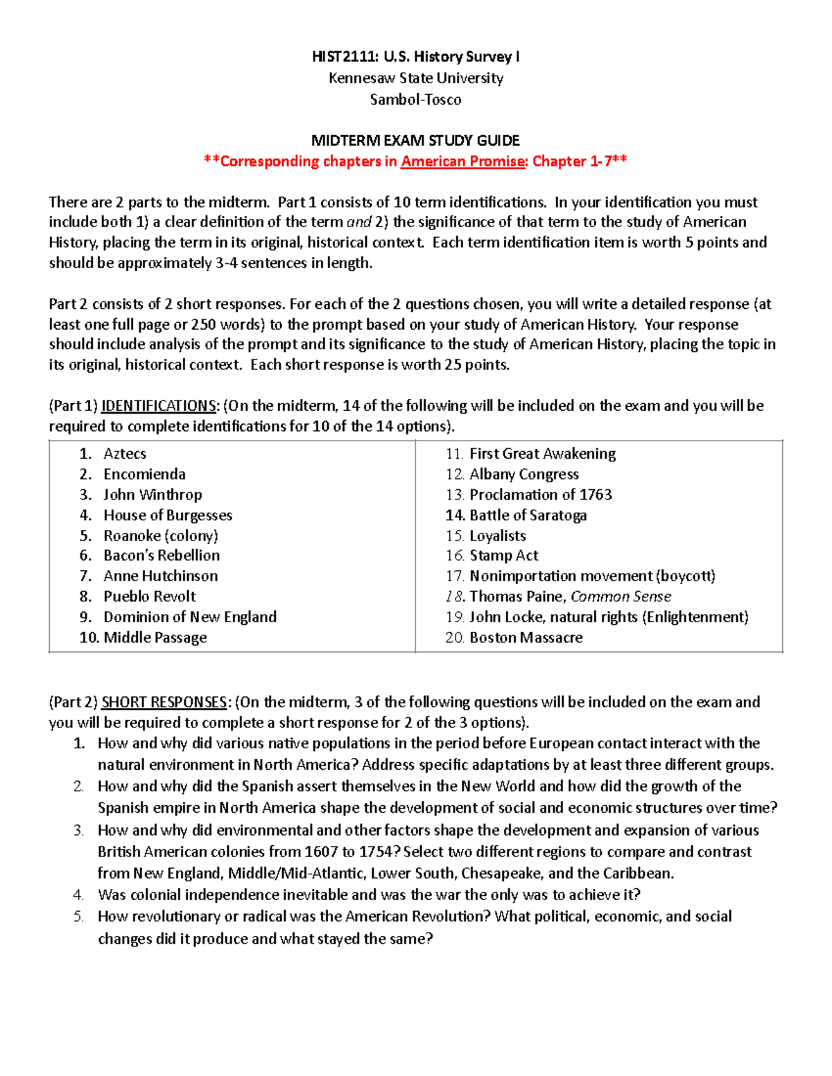 HIST2111 Midterm Exam Study Guide - U.S. History Survey I - Studocu