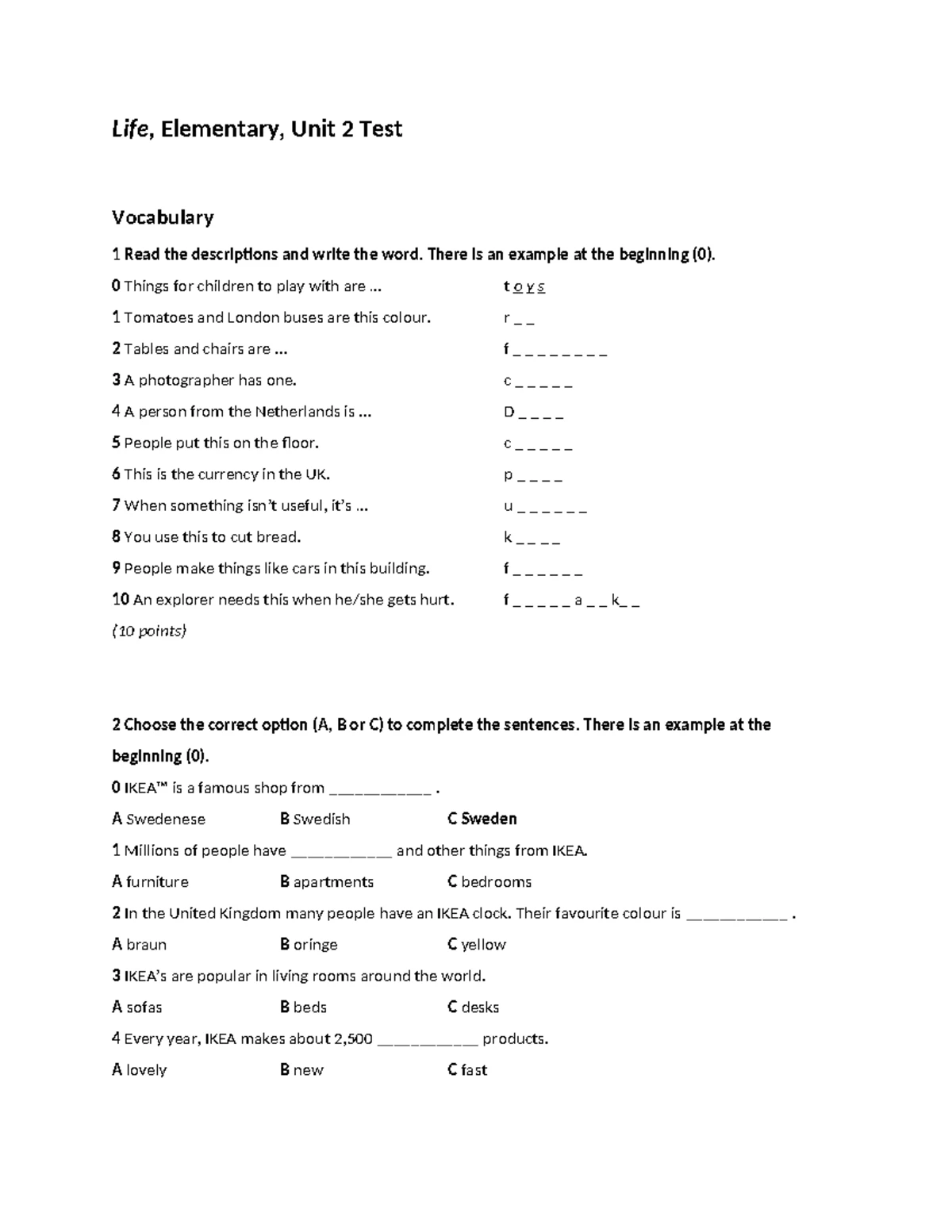 Life 2e Elem Unit 1 Test: Vocabulary, Grammar, Writing & Speaking - Studocu