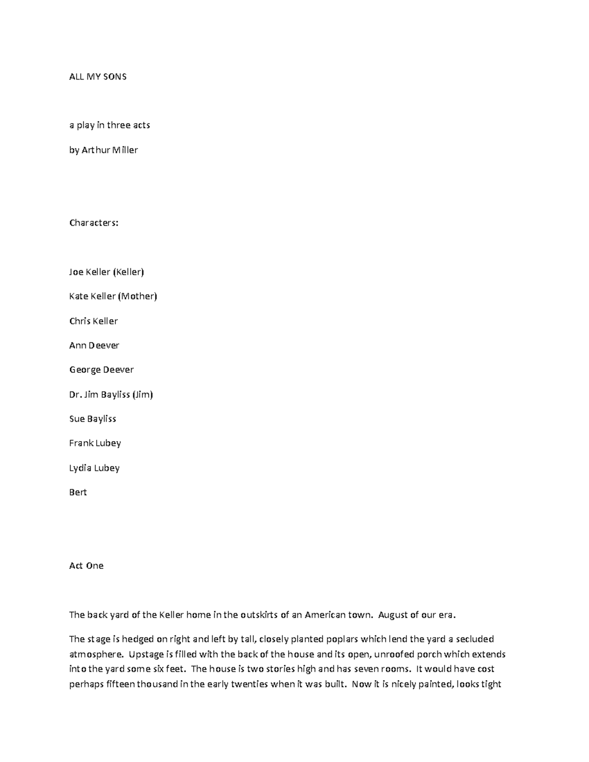 ALL MY SONS (ENG 101) - Script Analysis and Character Study - Studocu