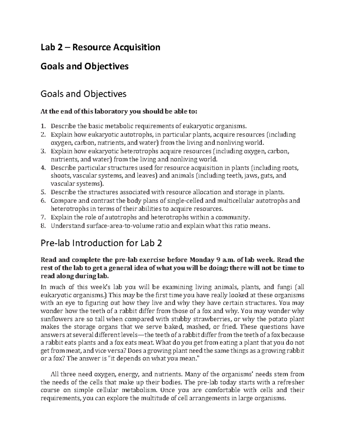 Lab 2: Resource Acquisition in Eukaryotes - 04-135107 Pre Lab Notes ...