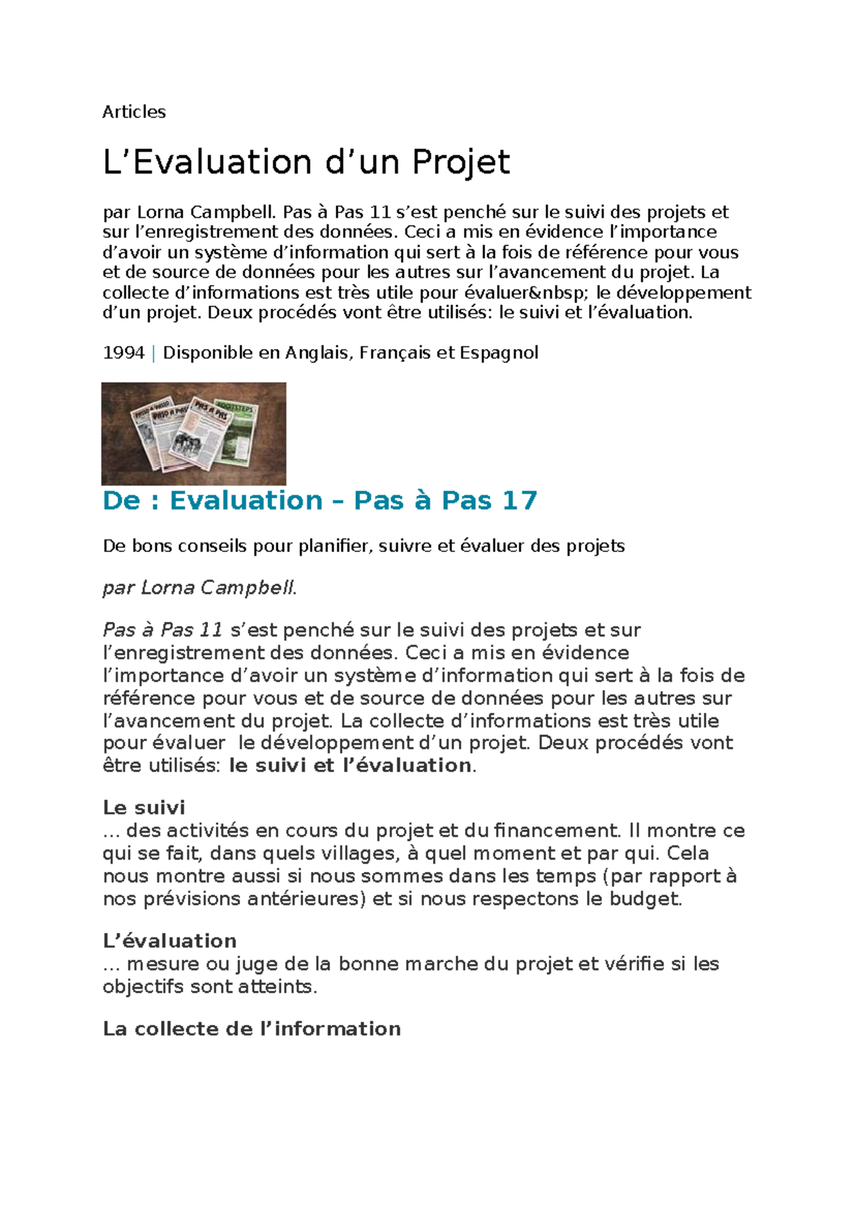 Articles Tearfund - Suivi et Évaluation des Projets par Lorna Campbell ...