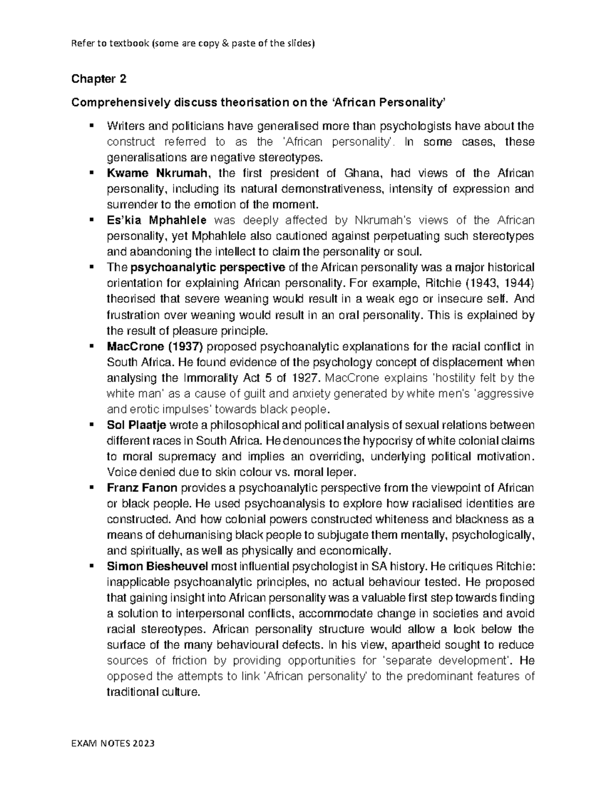PSPE 2023 Exam Notes: Theories of Personality and Holism - Studocu