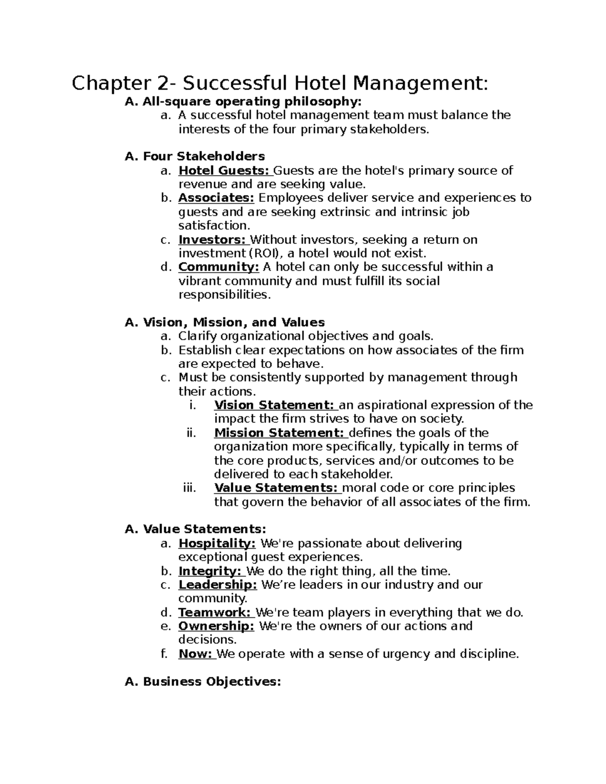 Chapter 2 Notes: Principles of Successful Hotel Management - Studocu