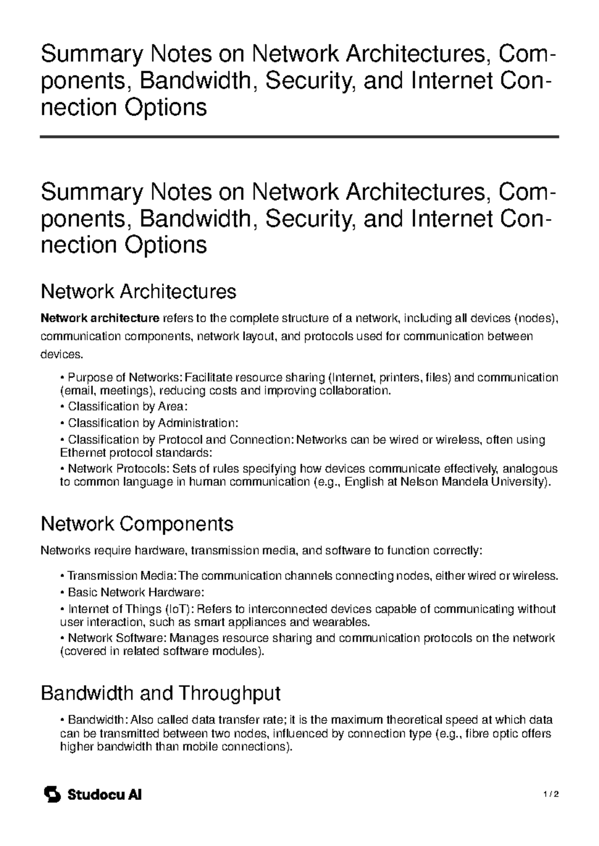 Summary Notes on Network Architectures and Security - Studocu