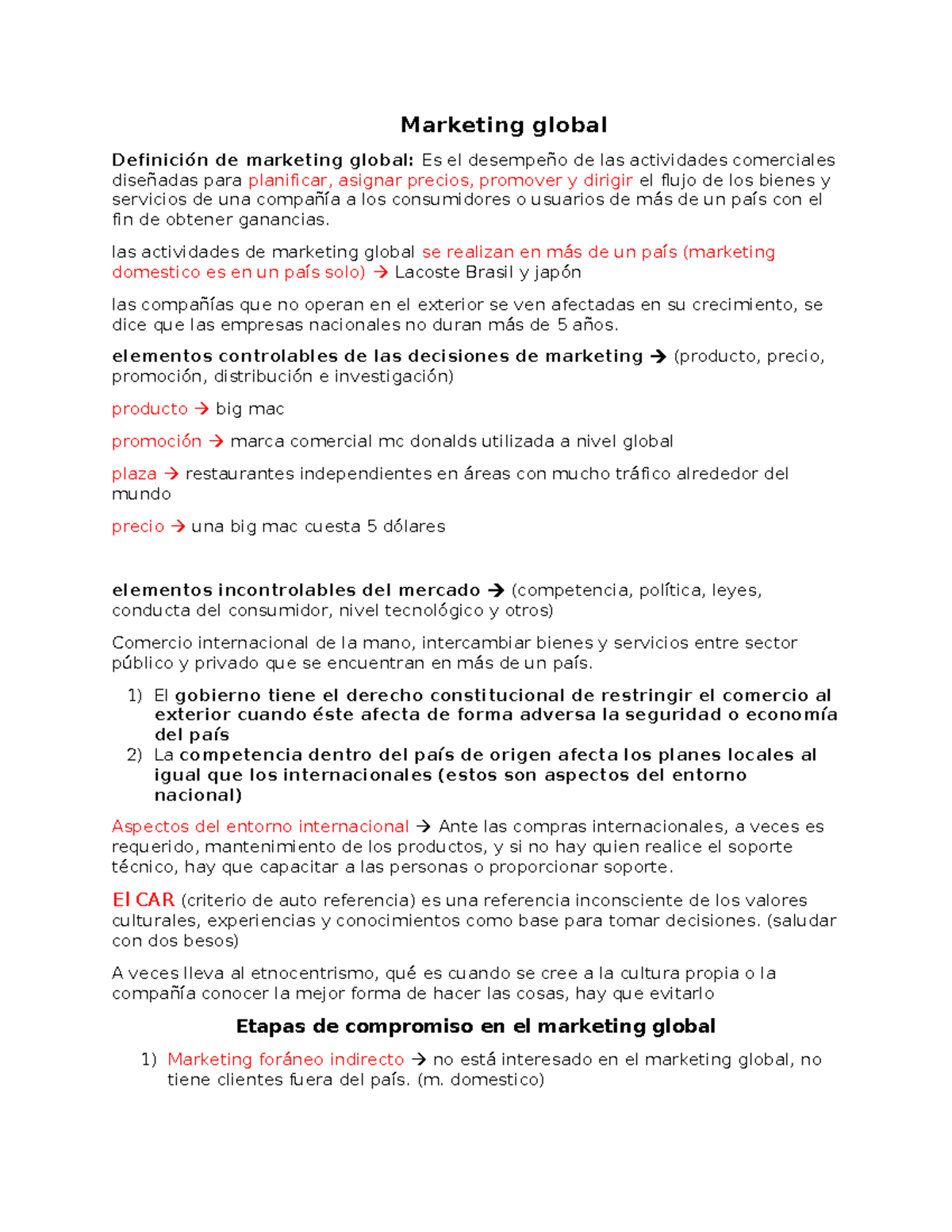 Resumen de Marketing Global: Definiciones y Estrategias Clave - Studocu