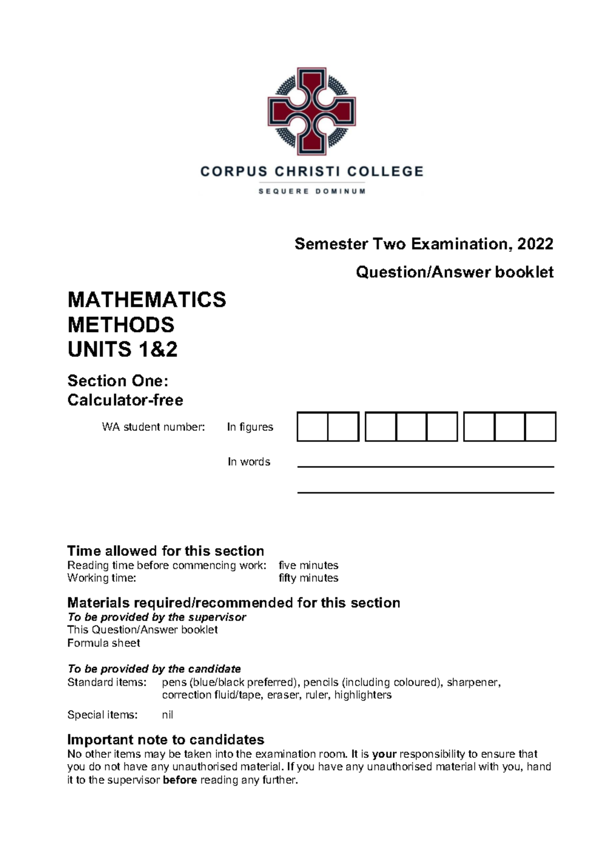 2022 YR11 MATH METHODS U12 Semester Two Exam Booklet - Studocu
