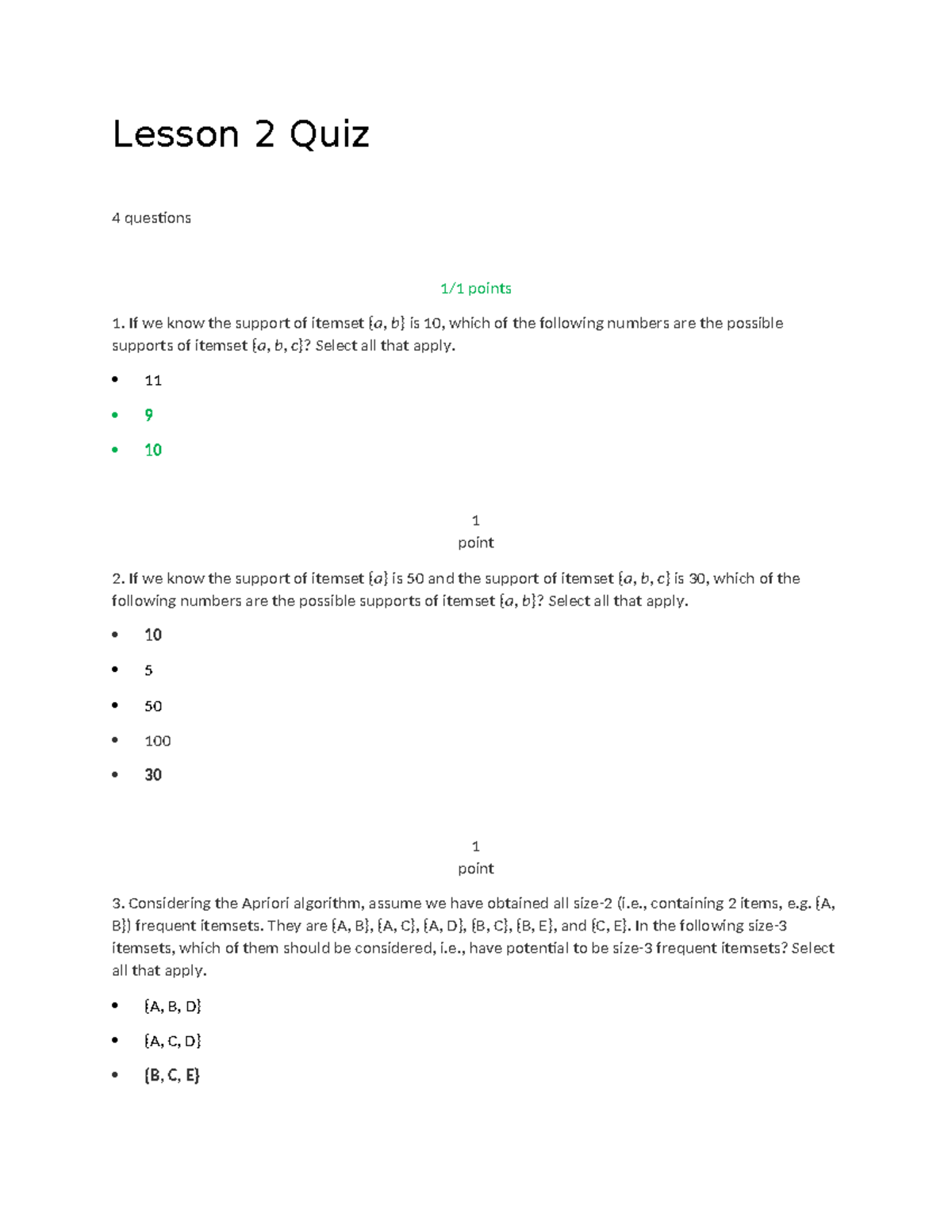 Lesson 2 Quiz: Support of Itemsets and Apriori Algorithm Questions ...