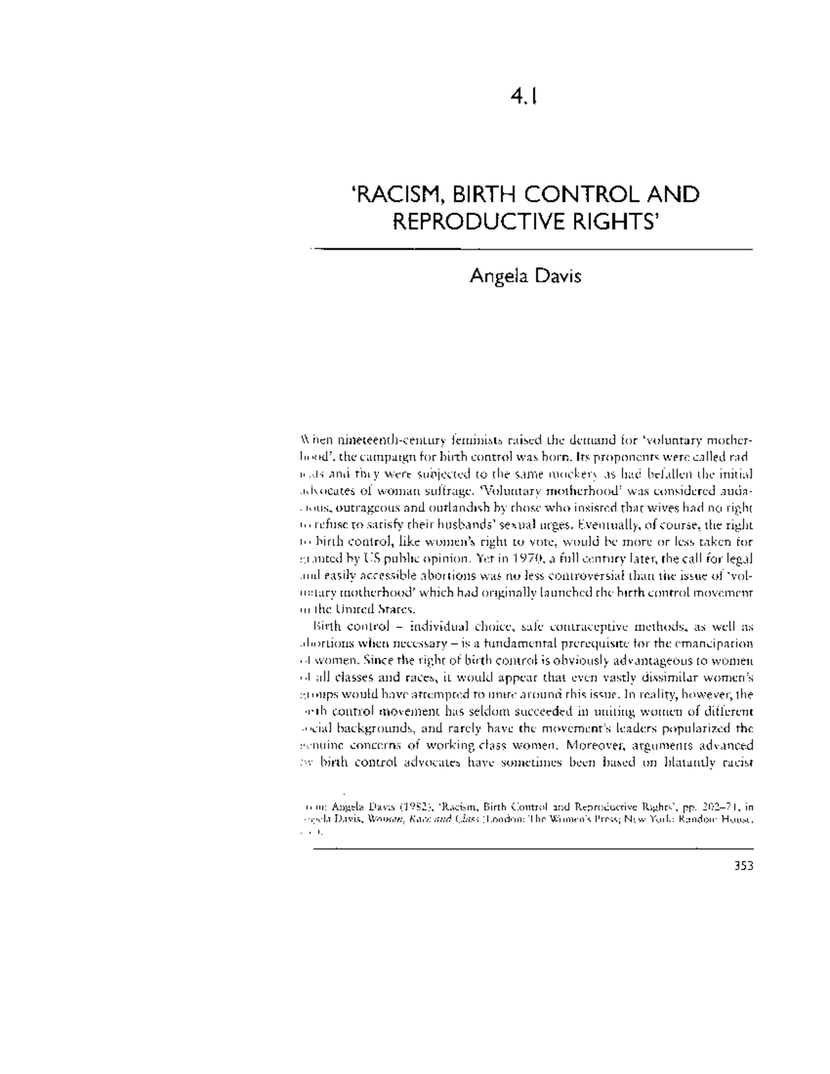 Angela Davis: Racism, Birth Control, and Reproductive Rights - Studocu