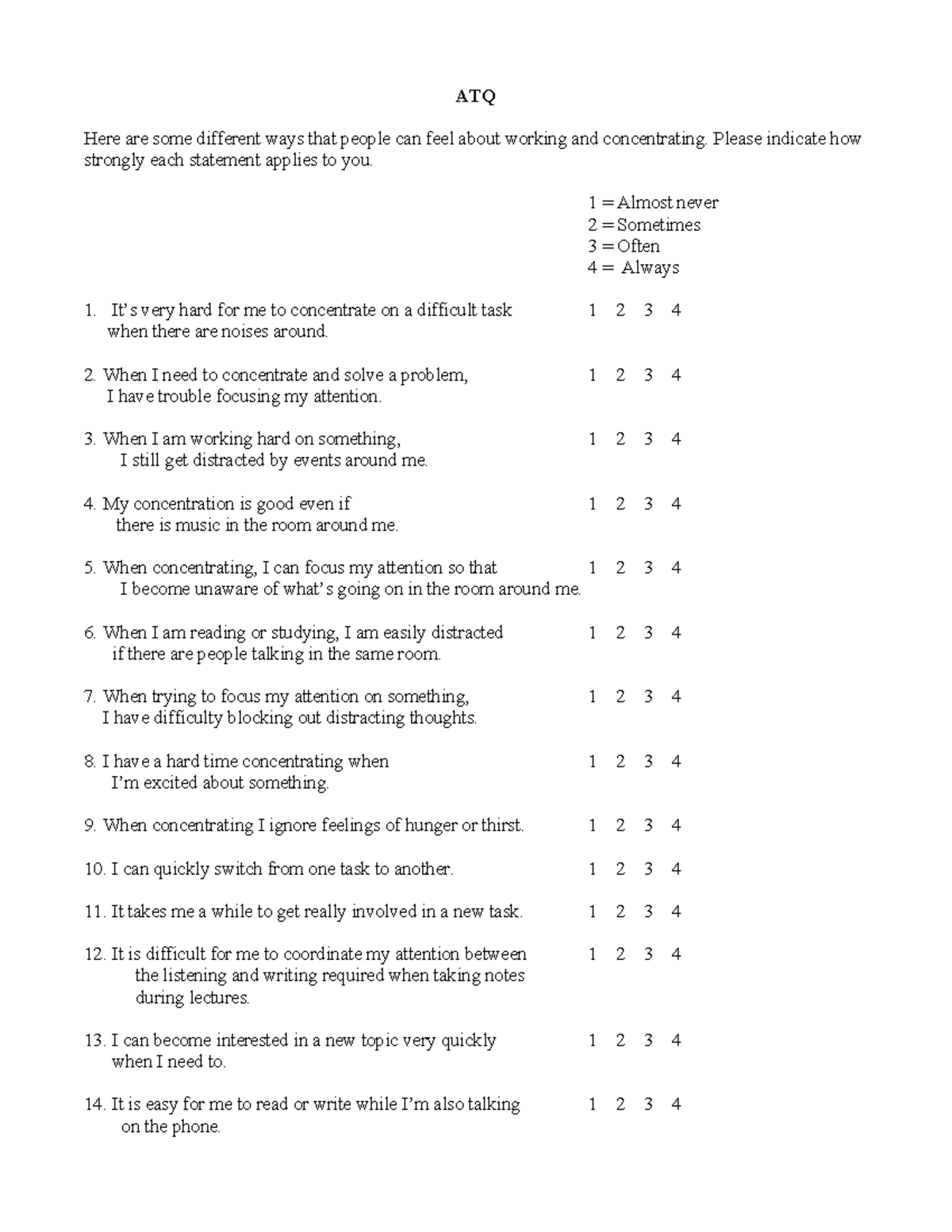 ATQ: Concentration and Focus Assessment Survey - Studocu