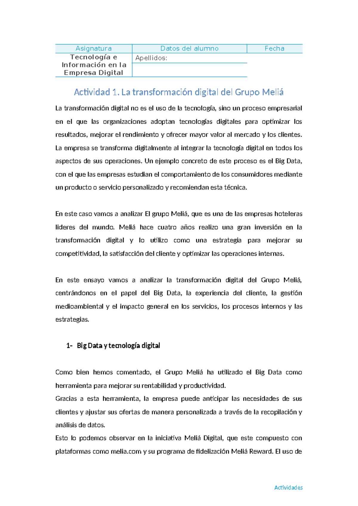 Transformación Digital en el Grupo Meliá: Análisis de Big Data y ...