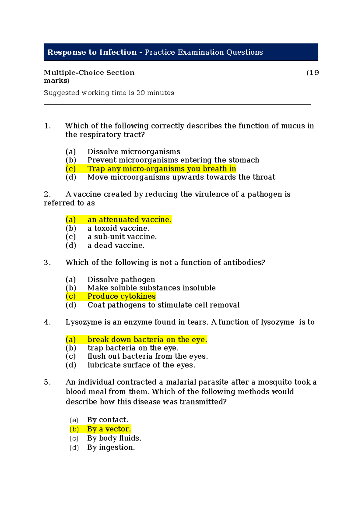 Response to Infection - Practice Exam Questions (BIO 101) - Studocu
