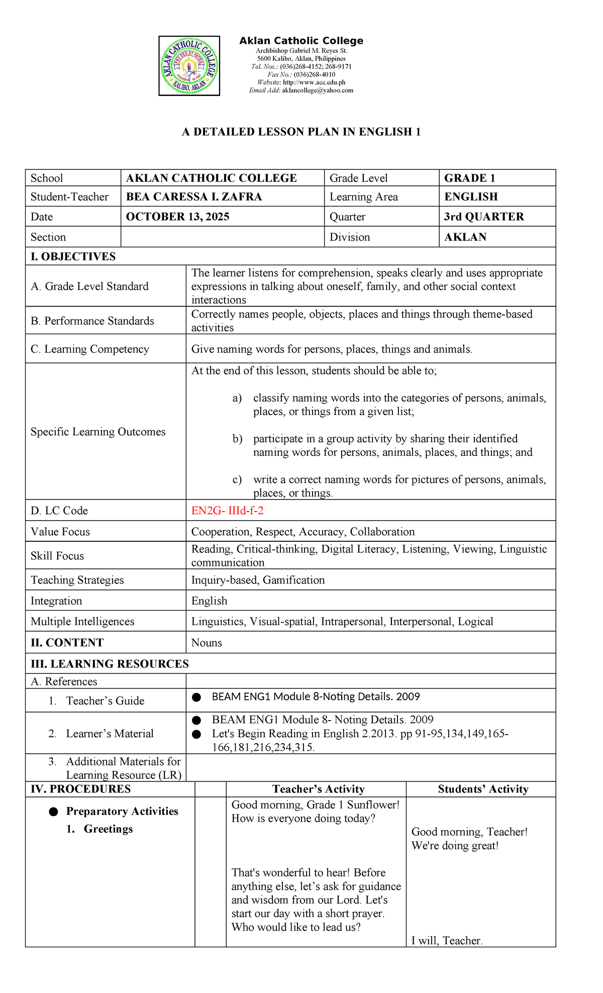 Detailed Lesson Plan in English 1 (Grade 1) - Aklan Catholic College ...