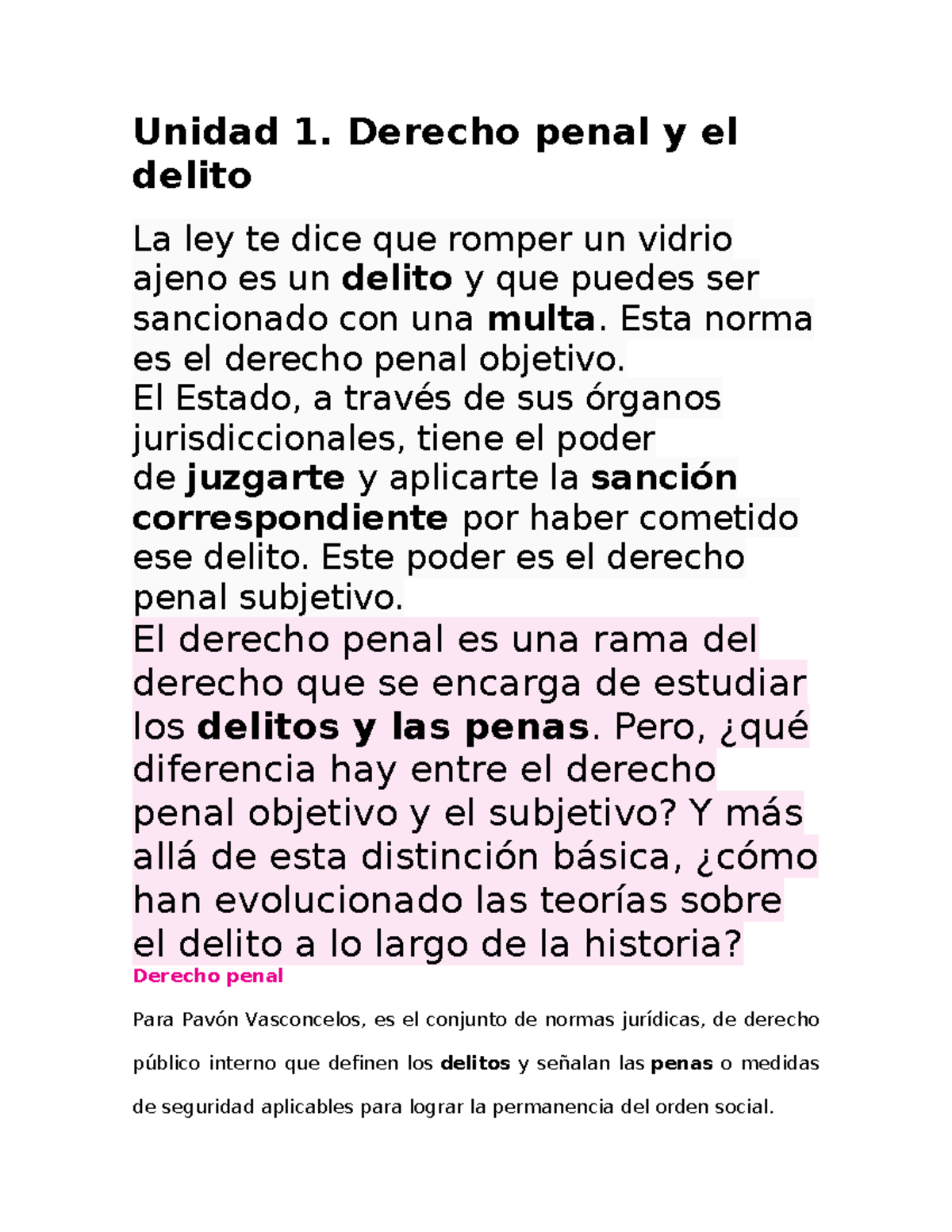Unidad 1. Introducción al Derecho Penal y Teorías del Delito - Studocu
