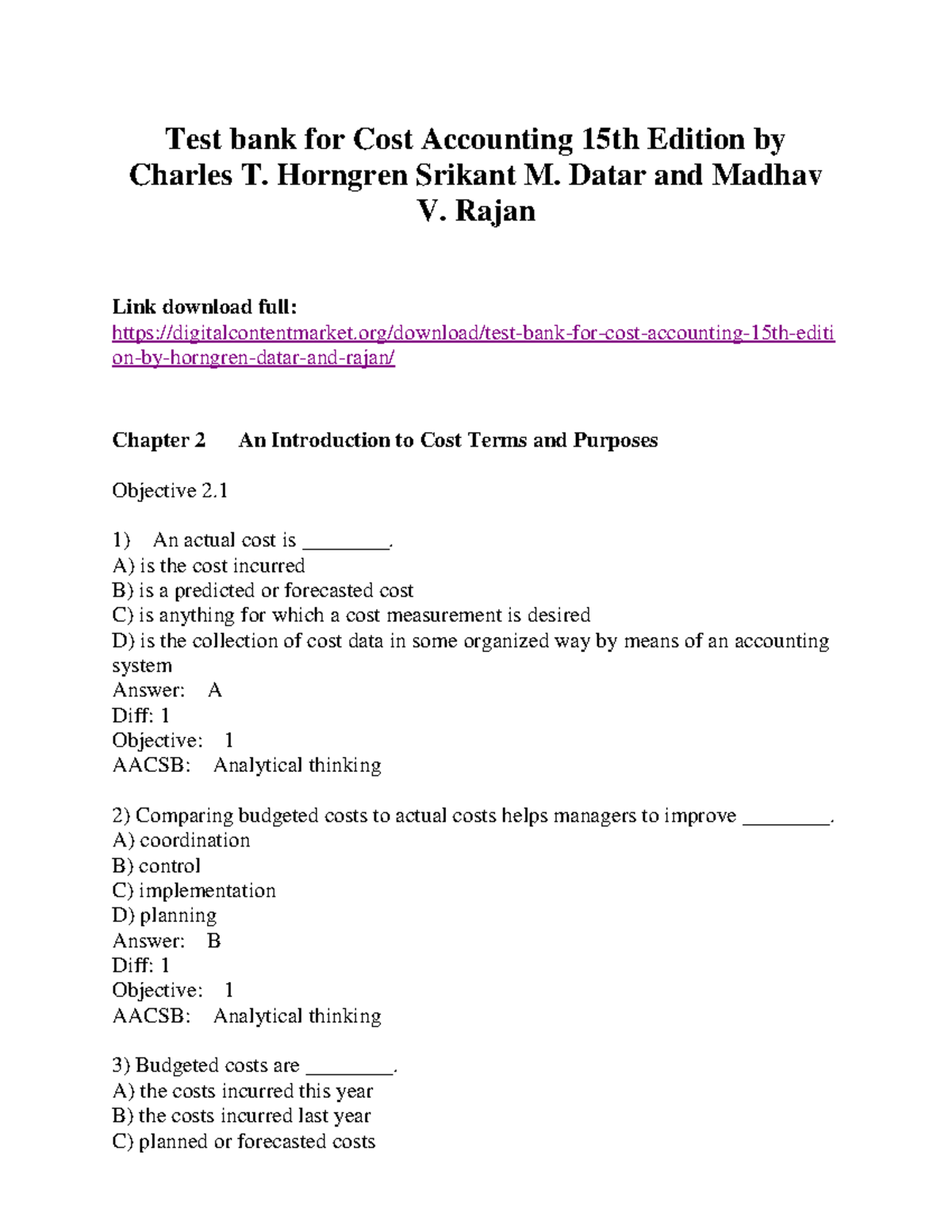 Cost Acc - Test Bank for Chapter 2: Cost Terms & Purposes - Studocu