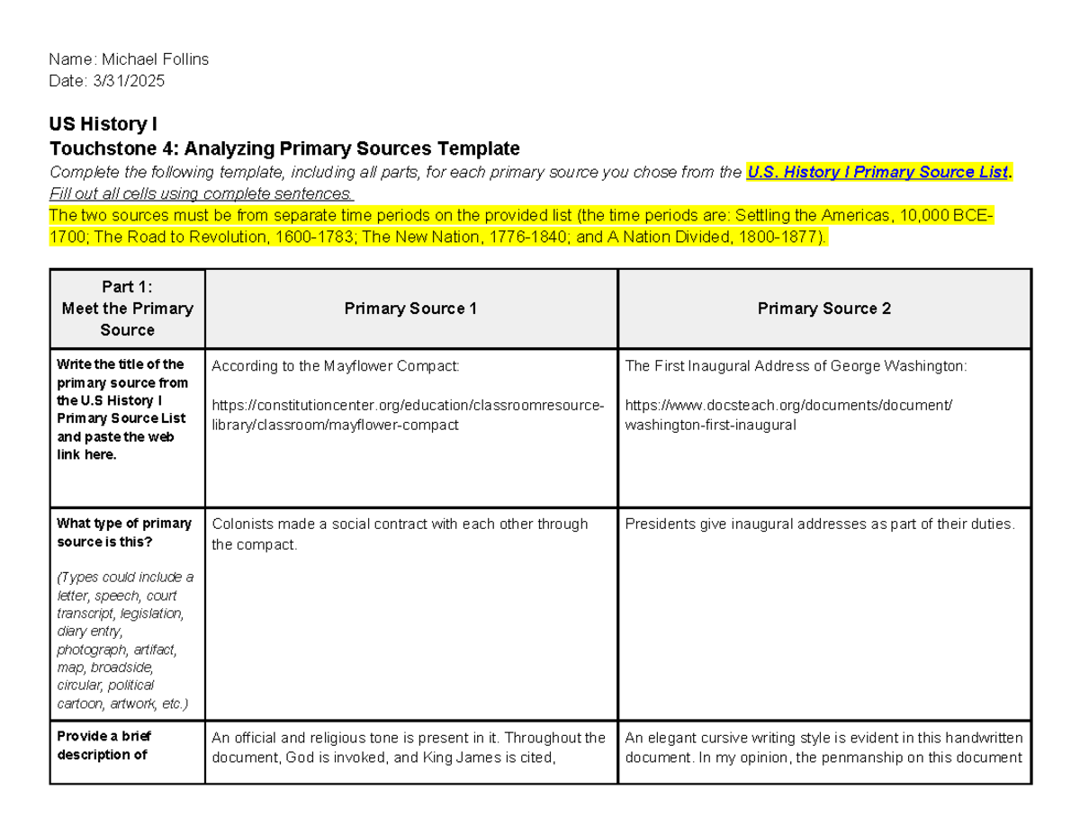 US History I Touchstone 4: Primary Sources Analysis Template - Studocu
