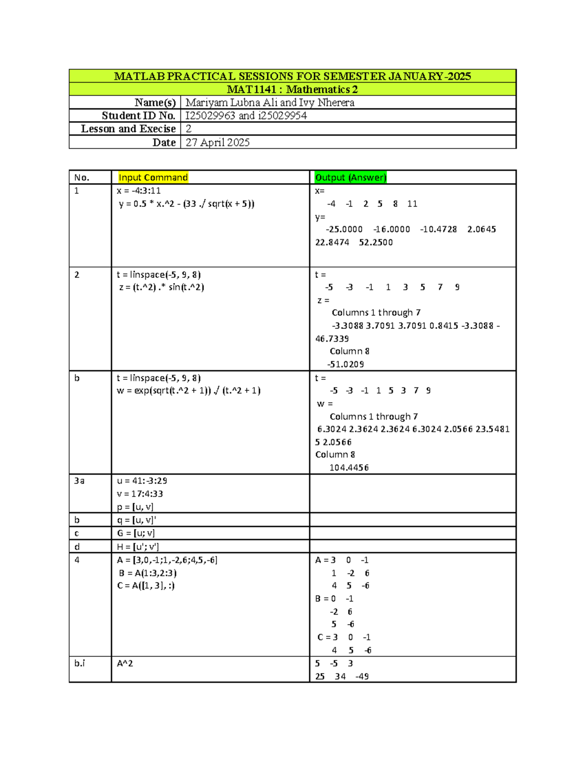 MATLAB Practical Sessions for MAT1141: Mathematics 2 - Lesson 2 - Studocu