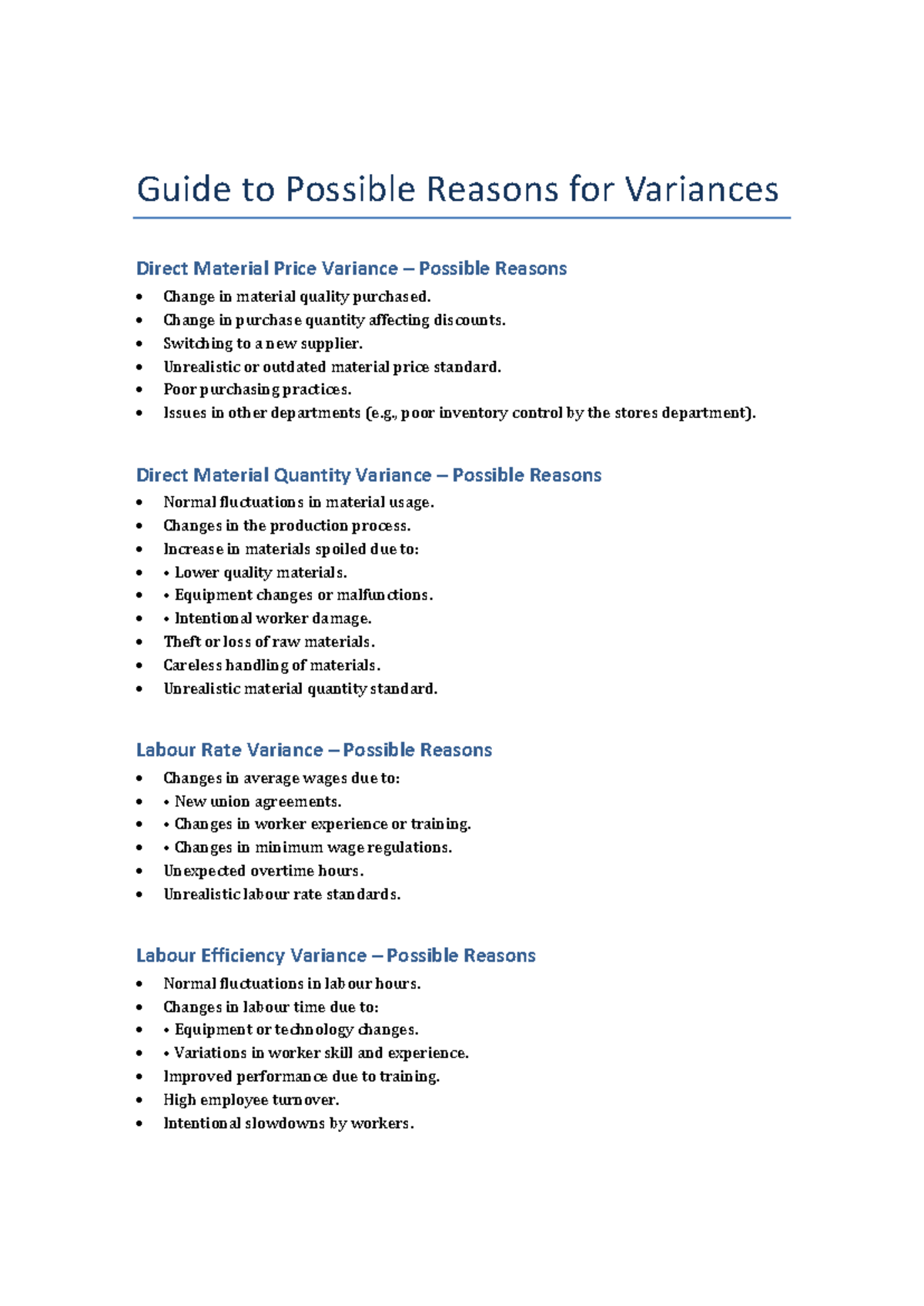Guide to Variance Reasons: Direct Material & Labour Variances - Studocu
