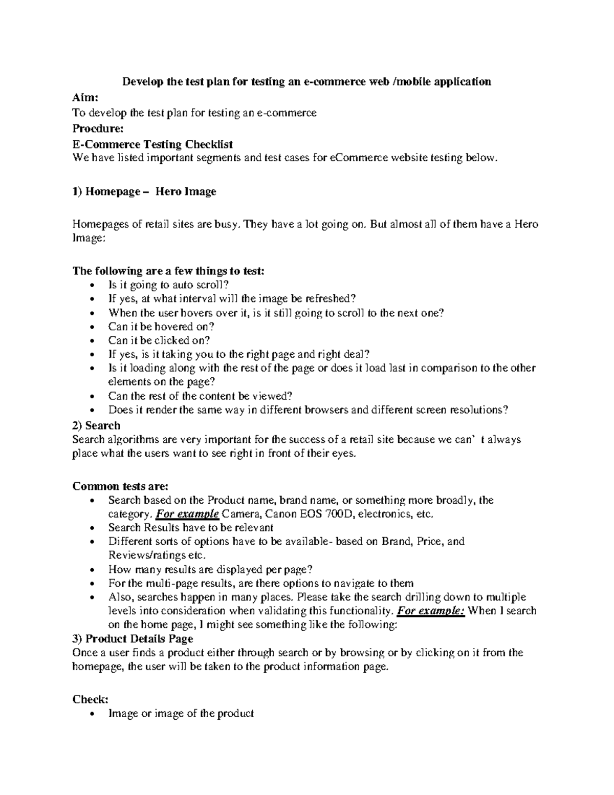 E-Commerce Testing Plan Development for STA Lab Manual - Studocu