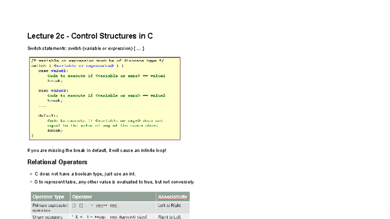 Lecture 2c - Control Structures in C: Switch & Looping Concepts - Studocu