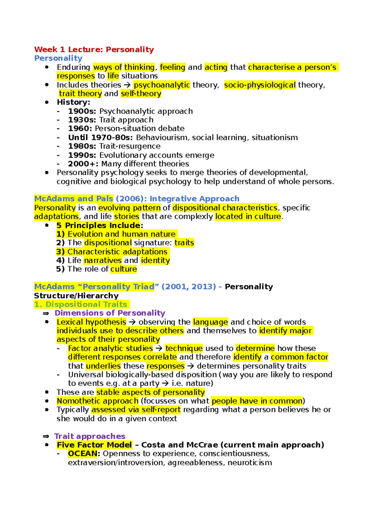 Personality Psychology Lecture Notes (PSYC 101) - Weeks 1-4 Summary ...
