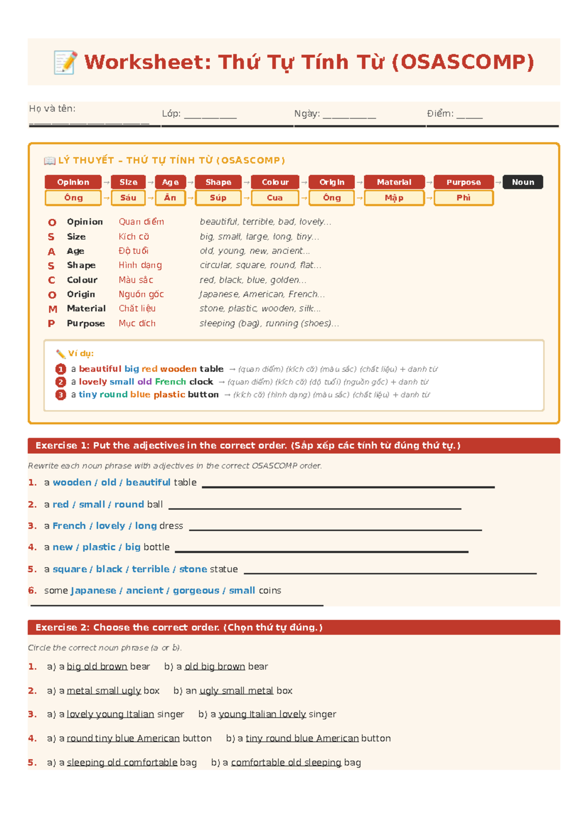 📝 OSASCOMP Worksheet: Thứ Tự Tính Từ Exercises - Studocu