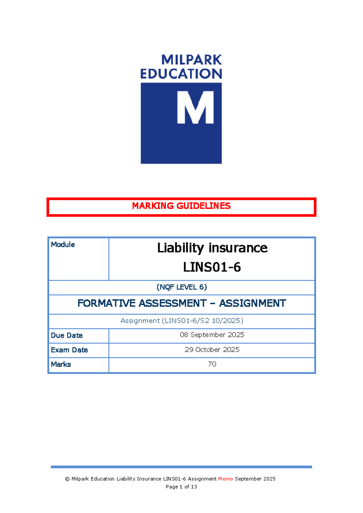 Marking Guidelines for Liability Insurance Assignment LINS01-6 S2 2025 ...
