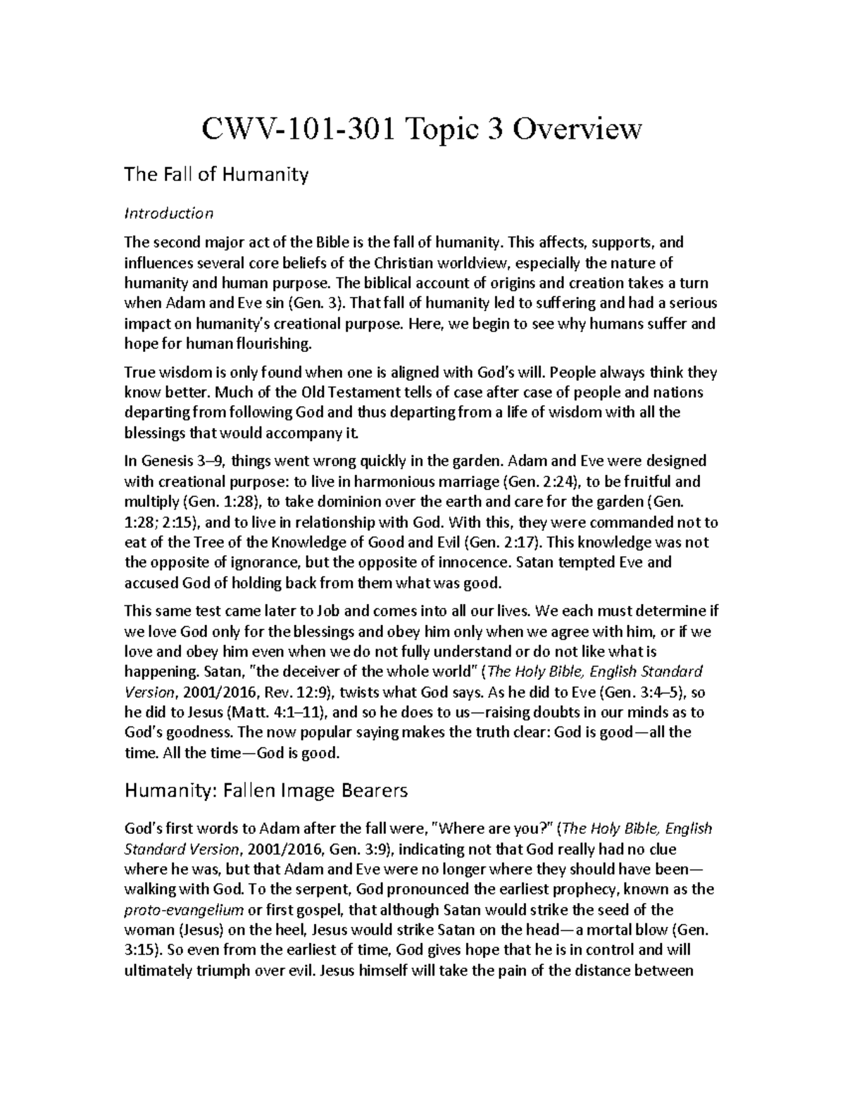 CWV-101-301 The Fall of Humanity: Insights into Christian Worldview ...