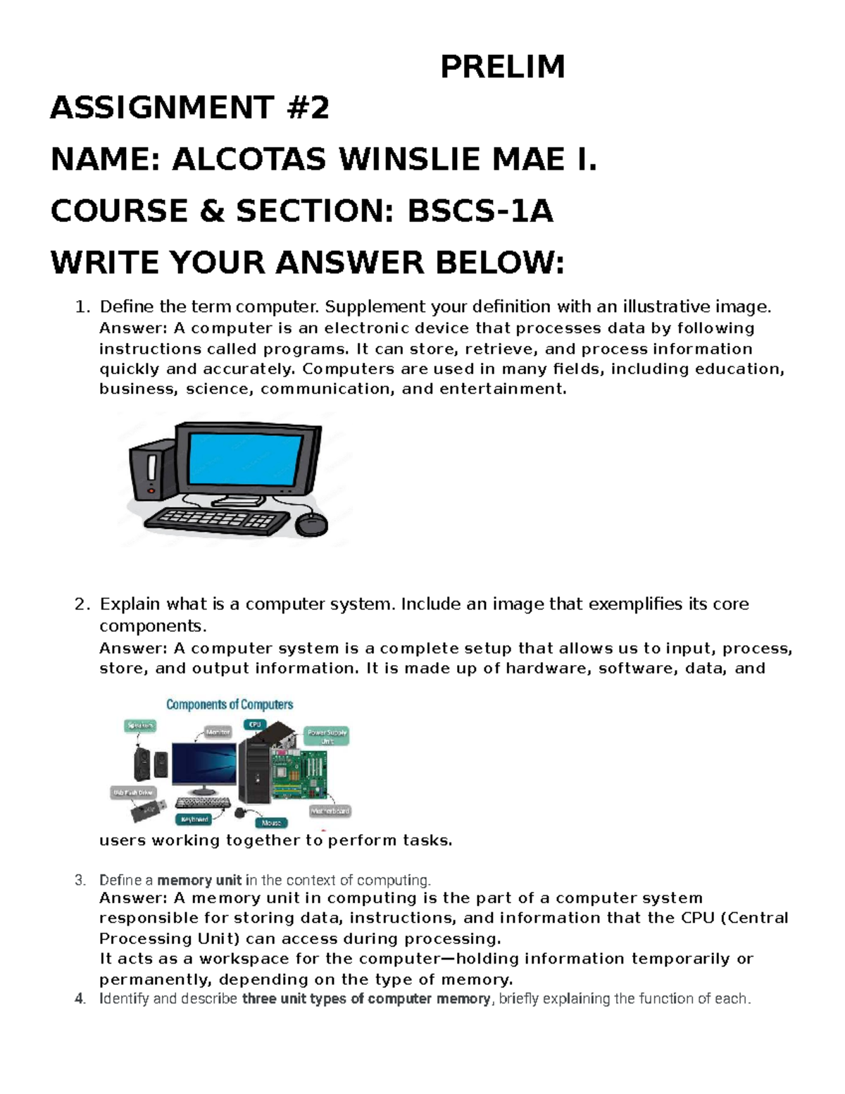 PRELIM ASSIGNMENT: COMPUTER SYSTEMS & MEMORY UNIT EXPLAINED - Studocu