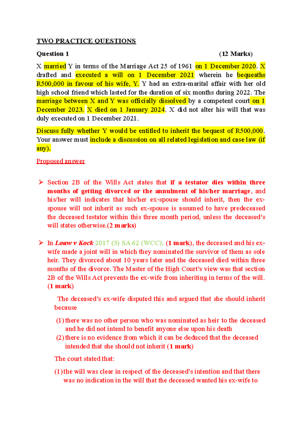 TWO Practice Questions & Memo on Wills Act 25 of 1961 and Condonation ...