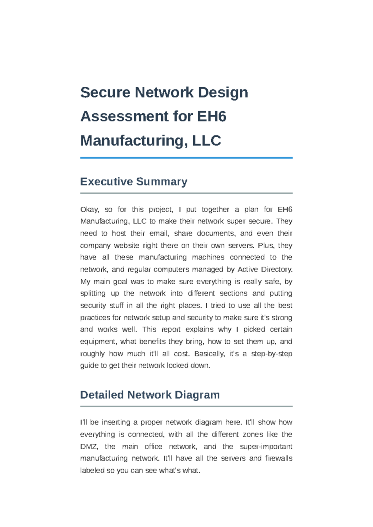 Secure Network Design Assessment for EH6 Manufacturing, LLC - Studocu