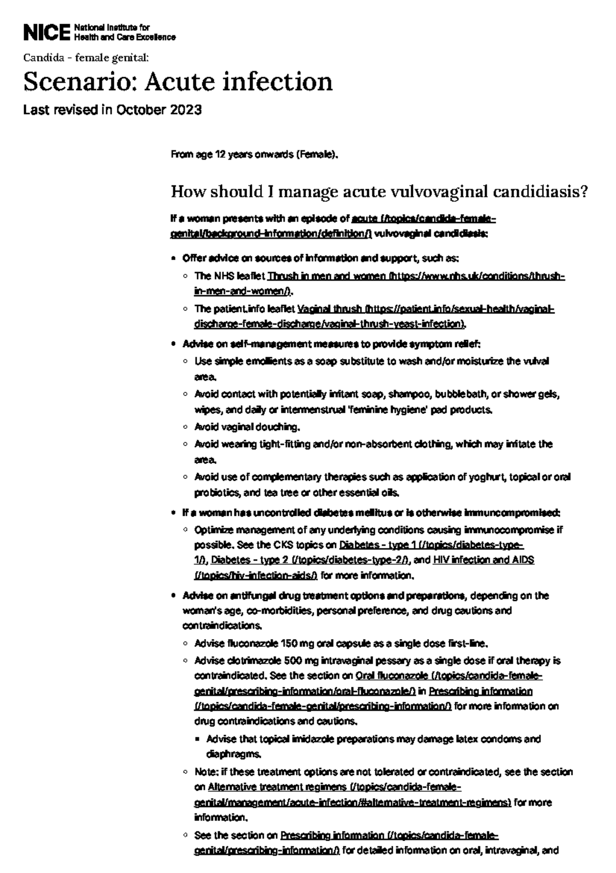 Acute Infection Management of Vulvovaginal Candidiasis: CKS Guidelines ...