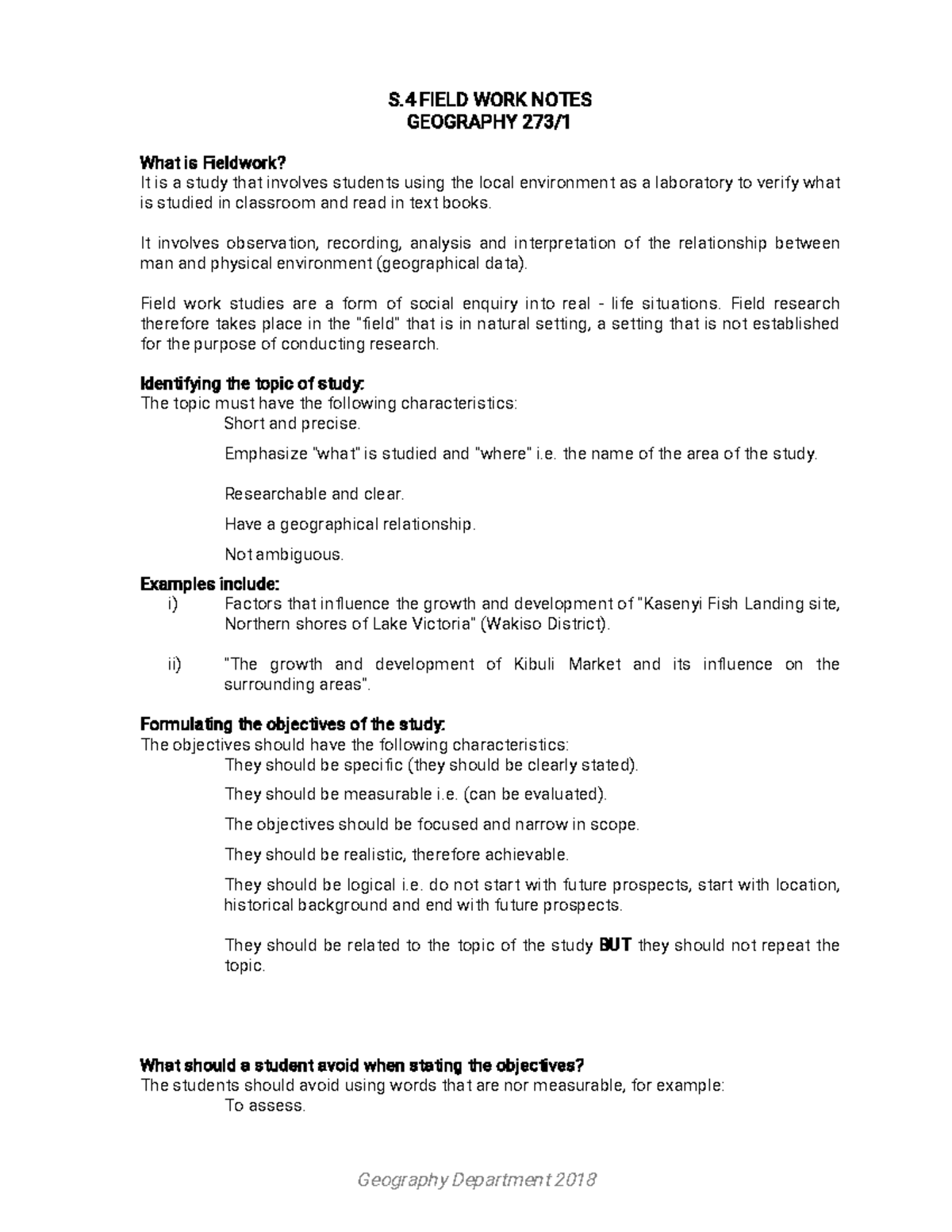 Geography 2: Fieldwork Notes and Methodologies for Study - Studocu